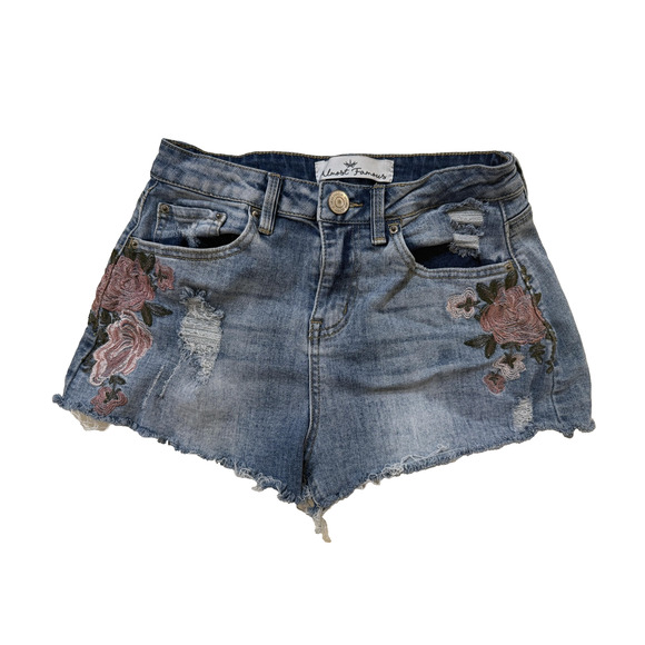 Almost Famous Shorts Womens 3 Blue Denim High Rise Embroidered Distressed Floral - Picture 1 of 7